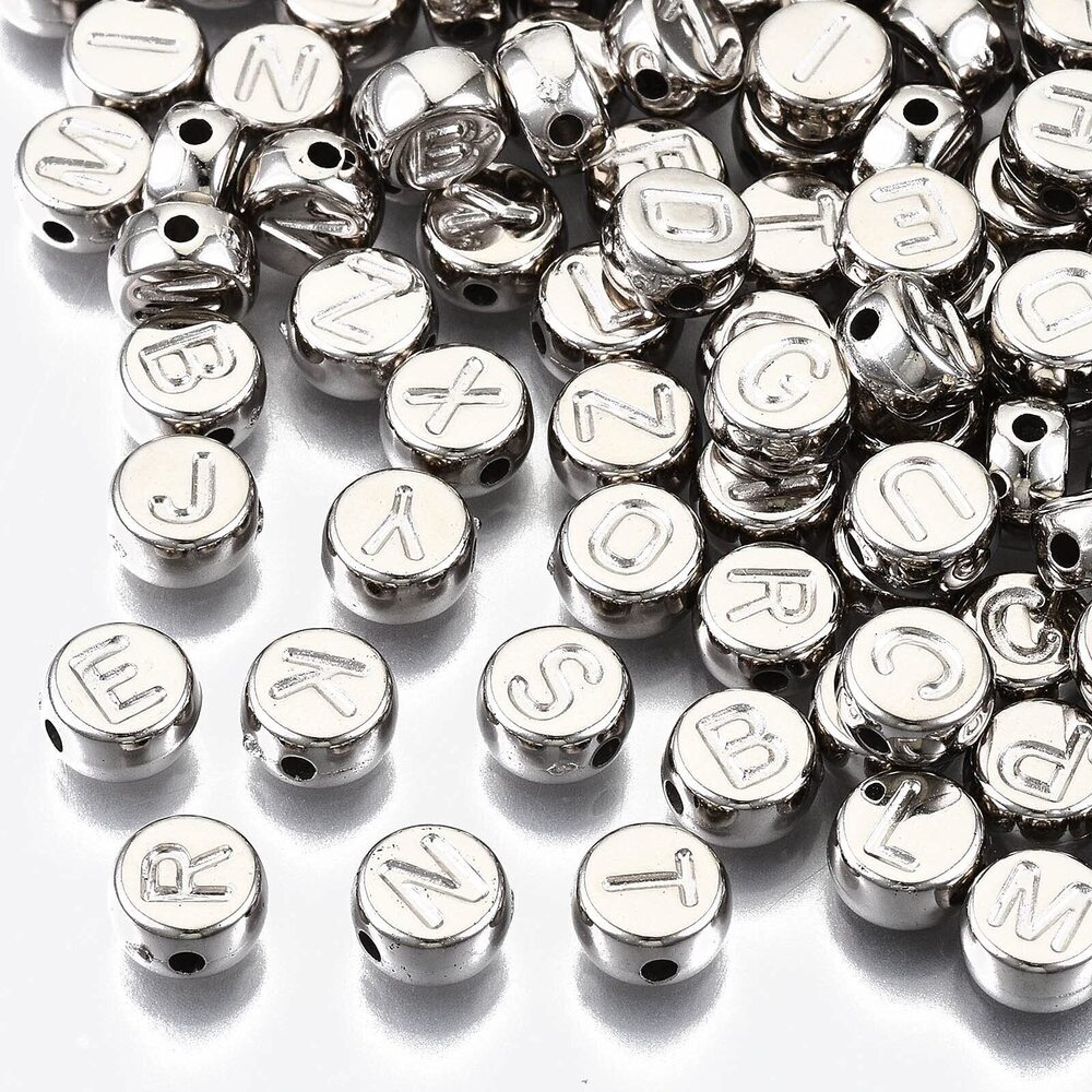 5548 7MM 3300 pcs Silver Color Flat Round with Letter Theme CCB Plastic